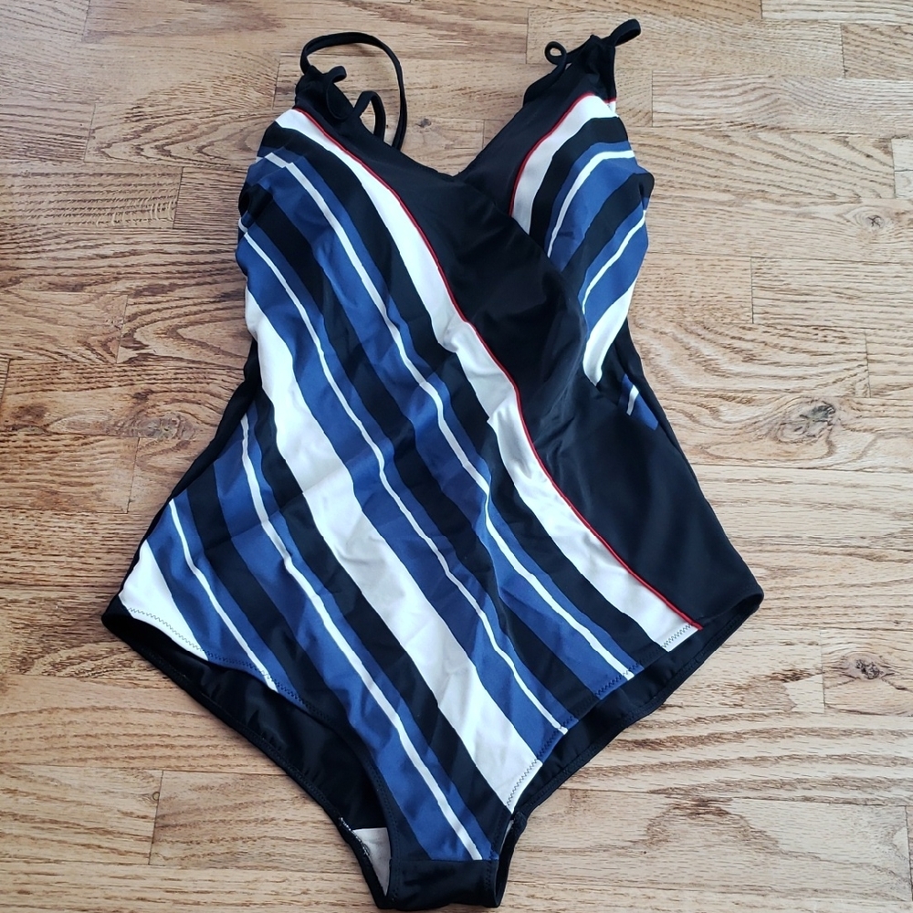 (8) Felina One Piece V Neck Swimsuit Cutout Beach Stripes Colorblock Resortwear